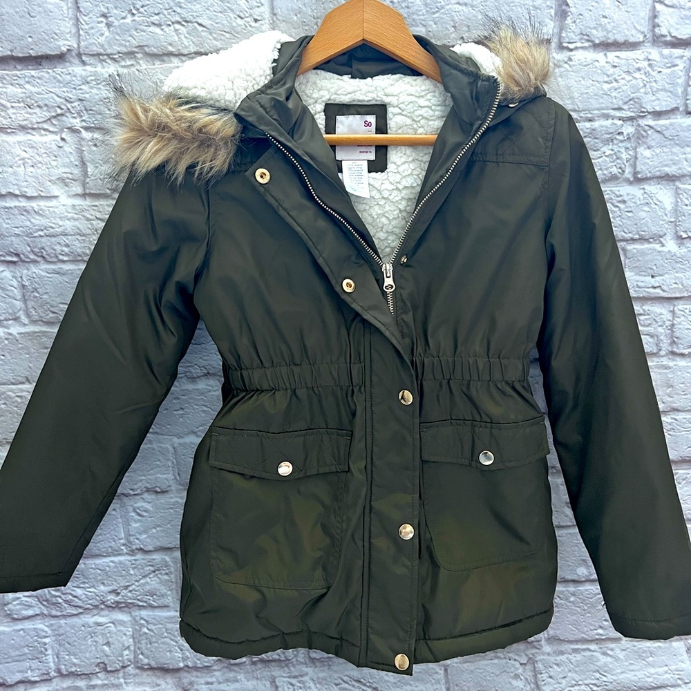 SO army green cream fur hooded coat girls 10/12
